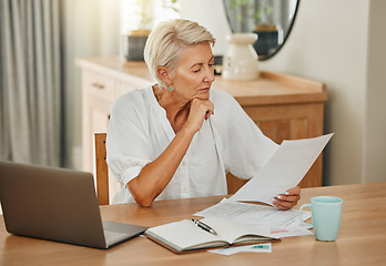 Image showing Senior woman, debt and laptop bills payment for loan budget and retirement finance paperwork at home. Retired Ukraine elderly person reading pension, loan and mortgage savings financial bank report