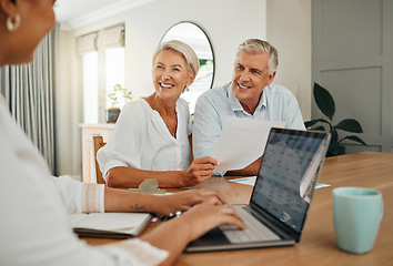 Image showing Retirement, savings and couple planning finance, insurance and investments in living room. Man and woman and seniors communication, talking and discuss wealth with internet banking and laptop at home