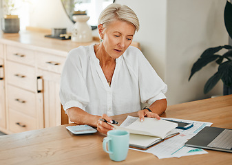 Image showing Schedule, documents and finance with a senior woman planning for her future retirement with savings, investment and wealth. Notebook, writing and laptop with an elderly female pensioner at home