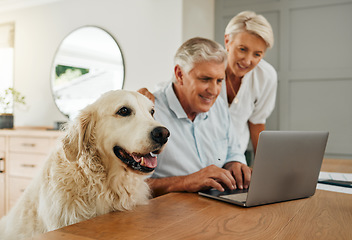 Image showing Happy senior couple, laptop and dog at table together in living room. Elderly man and woman research retirement plan or financial asset management on internet in home with cute pet in Switzerland