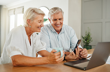 Image showing Senior, couple and online computer communication video call or bills budget planning at home. Elderly woman and man with a happy smile using internet and technology for finance plan for retirement