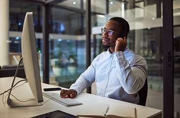 Image showing Call center, CRM or customer service working black man with telemarketing or customer support in office. Consultant, contact us or help desk agent consulting, support or advice with questions