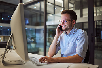 Image showing Phone call, night office and computer businessman talking, communication and discussion for networking, planning deal and vision. Male employee mobile conversation, desktop and ideas in dark company