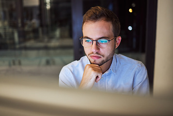 Image showing Businessman, computer and office thinking at night planning trading strategy for financial market at finance company. Canada online trader person focus, working or reading pc corporate fintech email