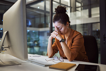 Image showing Headache, business woman at night and computer stress while working for a deadline with pc glitch. Sad corporate manager with anxiety about target working at desk screen late to complete task online