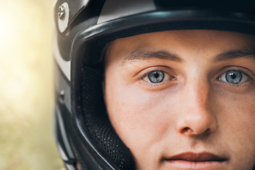 Image showing Training, cycling and face with a man in a helmet for adventure, fitness or exercise outdoor and closeup. Safety, sports and workout with a male athlete out on a ride for health, cardio and wellness