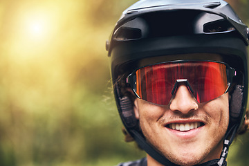 Image showing Nature, cycling and man with helmet portrait and excited face with goggles for adventure closeup. Happy and young athlete male with smile ready for sports activity with head protection mockup.