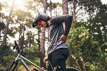 Image showing Bicycle, back pain injury and man in forest cycling for fitness, outdoor travel or sports wellness with nature lens flare. Marathon sport person training in mountain bike or motorcycle muscle injury