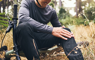 Image showing Man bicycle and sports with knee injury on nature cycling trail in accident from bad decision. Cyclist athlete pain, inflammation and joint problem from dangerous wheel stunt movement with bike