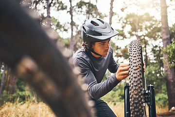 Image showing Cycling, adventure trail and bike repair, man fix wheel in forest. Nature, mountain biking and cyclist, outdoor cycle maintenance in Australia. Bicycle ride, dirt path and biker stop for tyre change.