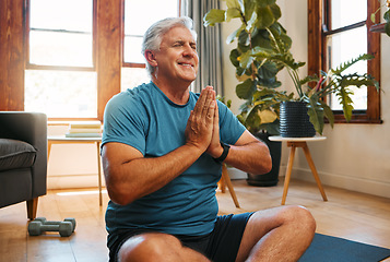 Image showing Home meditation, zen and senior man work on inner spiritual peace, freedom of the mind and wellness lifestyle. Namaste, yoga and pilates training person meditating, doing breathing exercise and relax