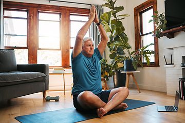 Image showing Yoga, meditation and wellness with a zen man following an online class for fitness, exercise and workout at home. Senior, retirement and health with an elderly male pensioner exercising in his house