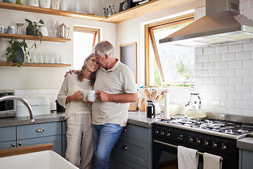 Image showing Love, kitchen and senior couple relax with cup of coffee, tea or hot drink while bonding and connect at home. Family, peace and elderly man and woman enjoy quality time, retirement and life together