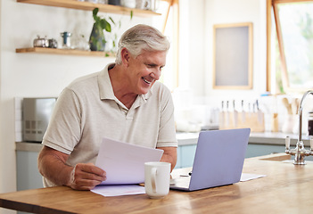 Image showing Senior man, smile and laptop working in kitchen getting good news about income, investments or insurance at home. Happy elderly male investor reading email on computer for planning online retirement