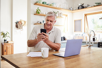 Image showing Senior man, phone and retirement budget in home kitchen for digital banking application, investment planning and fintech savings. Elderly person smartphone investing, finance management and insurance