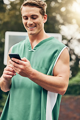 Image showing Health, fitness and man with phone on social media apps and browsing internet with smile, relax and calm outside. Happy, trainer or male on cellphone to look for exercise for training or workout