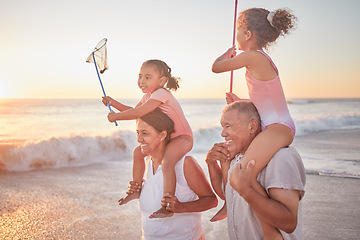 Image showing Children, grandparents and piggy back on beach on summer holiday walking in sea sand. Happy family at the ocean on vacation in Mexico. Grandma, grandpa and kids in on a walk in waves at sunset.