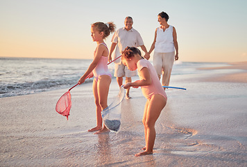 Image showing Grandparents and children at the beach with fishing nets and having fun. Young kids and senior couple enjoying holiday with grandkids and retirement together. Playing by the sea in summer with family