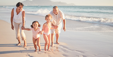 Image showing Family beach, summer love and children with smile for holiday at the sea in Mexico with grandparents. Portrait of girl kids running and playing by water on nature vacation with senior man and woman