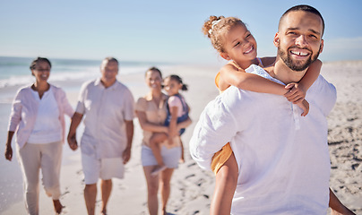 Image showing Happy, beach and father carrying his child while on family walk in sand while on vacation. Grandparents, parents and children with smile in nature by ocean together while on holiday in south africa.