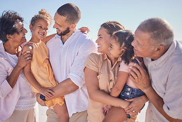 Image showing Holiday, happy and big family love to travel outdoors bonding, quality time and enjoying memories in summer. Smile, grandparents and mother with father carrying young children siblings on vacation
