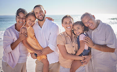 Image showing Family beach, children love and grandparents on travel holiday at ocean in Spain with children during summer. Portrait of happy kids, mother and father on vacation by the sea with elderly people