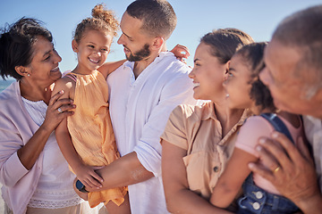 Image showing Beach family, children smile and grandparents with love for kids on holiday in Brazil during summer. Happy girl siblings walking with mother, father and senior people by the ocean sea on vacation