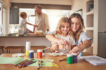 Image showing Family home, painting and cooking with mother, father and children learning, creative development and holiday fun education. Happy girl with mom doing watercolor art book and breakfast in kitchen