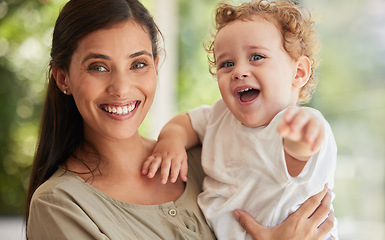 Image showing Family, baby and love with a mother and son in their home with a smile and feeling happy or excited together. Portrait, children and cute with a woman and her adopted boy child bonding in their house