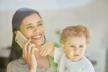 Image showing Mom, phone call or bond with boy in house lockdown, family communication or social contact networking in home quarantine. Happy smile or excited mother with baby son, child or kid on mobile in Turkey