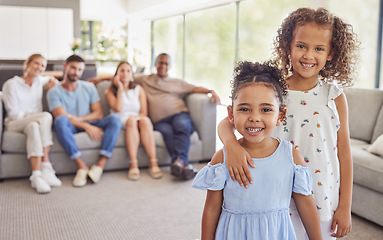 Image showing Girl, kids and smile in home living room on holiday together with parents blurred in family portrait. Friends, cousin and family in lounge happy embrace with mother and dad on sofa behind in Toronto