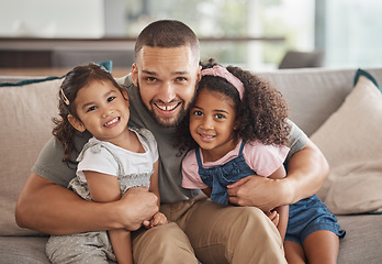 Image showing Father, girls and portrait smile of family relaxing in happiness together on sofa at home. Happy dad and children smiling in love, care and relax for bonding relationship on living room couch