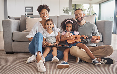 Image showing Family, children and music learning guitar, in home living room and fun together. Black family, teaching and instrument with girl kids on floor of lounge in house with ukulele, love and education