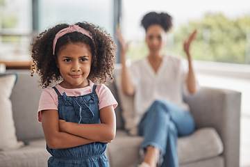 Image showing Fight, family and angry mother and child in conflict, argument or disagreement in home living room. Frustrated, ignore and black family problem for mom, youth kid or girl in unhappy mood