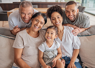 Image showing Happy family of couple, grandparents and child on sofa in living room happy for love, care and reunion at family home. Big family or people bonding together, excited and happiness sit in house lounge