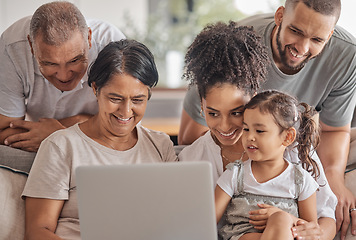 Image showing Family laptop, child internet and grandparents watching funny video with children on the sofa in home living room and happy with comedy film. Girl streaming show with parents and senior people