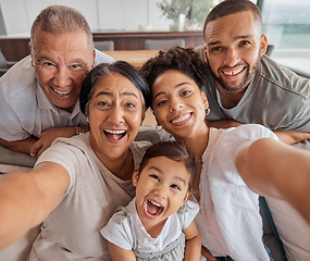 Image showing Crazy selfie, portrait family and grandparents being funny with love for children on the living room sofa in house. Girl, mother, father and senior people taking photo with comic face in home