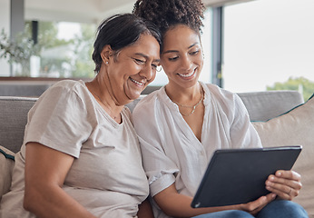 Image showing Tablet, video call and senior mom with daughter bond together in Mexico family home. Happy, excited and cheerful Mexican women on internet conversation app smile at screen on sofa.