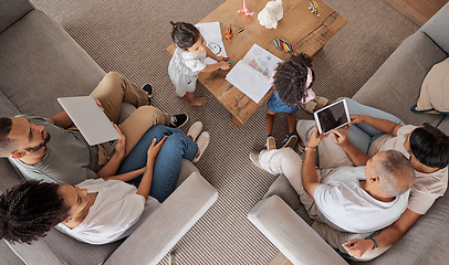 Image showing Love, family and grandparents in home from above to bond with children in Mexico living room. Grandparents, parents and kids relax to enjoy leisure together with technology and color books.