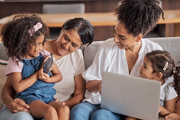 Image showing Women, children and sofa with laptop, phone and girl to play games, education or learning online. Mom, grandma and female kids in living room, smartphone and computer for fun, video or class on web