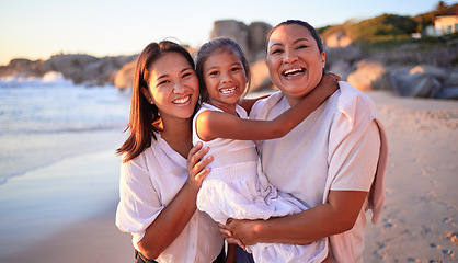 Image showing Family, love and children with a girl, mother and grandmother on the beach for summer vacation. Portrait, travel and nature with a senior woman, daughter and granddaughter by sea or ocean in malaysia