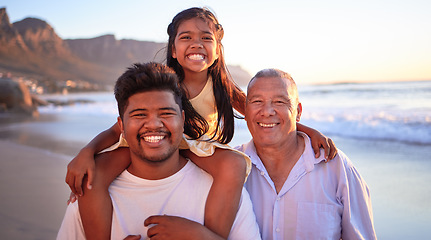 Image showing Family smile while on beach summer vacation in Indonesia during sunset. Happy father, grandfather and girl enjoy a travel holiday with tropical weather, love and happiness while bonding together