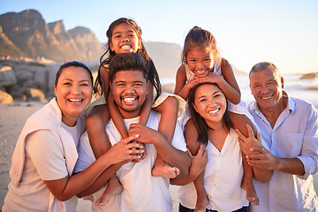 Image showing Summer, love and big family in South Africa at the beach enjoy the sun, freedom and happy holidays together. Smile, grandparents and mother with father carrying young children at sea in a portrait