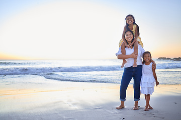 Image showing Mother, children and bonding on beach in fun carrying game by sea, ocean or water waves in Costa Rica. Family portrait, smile or happy woman, mother or parent and comic girls or kids on summer travel