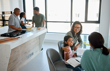 Image showing Family, education and girl learning art with generations, grandparents and parents spending time together in home. Love, support and sister with dad baking while mom and grandma talk or discussion.