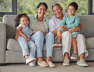 Image showing Grandparents, children and sofa happy in home living room on vacation or holiday together. Kids, grandma and grandpa in retirement smile on couch in lounge with love for family portrait in house