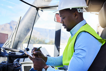 Image showing Logistics, forklift and checklist with black man driver working in shipping yard for supply chain, delivery and ecommerce. Transportation, cargo and truck with construction worker in warehouse plant