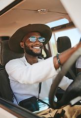 Image showing Travel, freedom and summer with black man driving in car on road trip vacation for adventure, happy and journey. Transportation, excited and smile with young guy and sunglasses in van for holiday