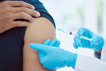 Image showing Man, doctor and covid vaccine in arm by hospital, medical and consulting healthcare worker to stop spread of global virus. Zoom, hands and medicine injection in syringe for security and safety