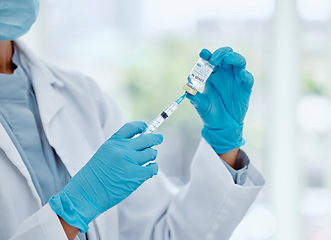 Image showing Doctor with covid vaccine, injection and corona virus medicine needle, bottle and syringe in hospital. Closeup nurse hands, healthcare and flu risk, viral vaccination and medical immunity treatment